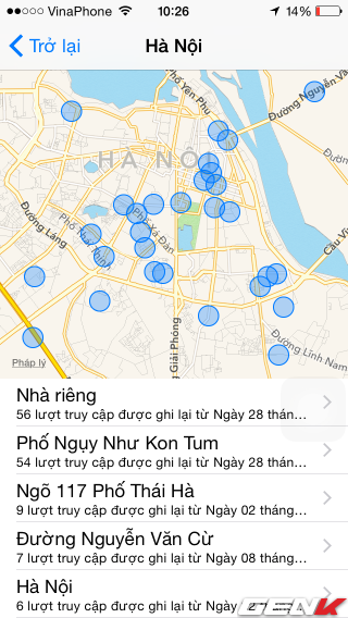  Thôi xong. Những chấm xanh chính là những địa điểm chúng ta thường lui tới, iPhone đã ghi lại hết những địa điểm này. Từ Nhà riêng, nơi làm việc, tới địa chỉ của người thân bạn bè. 