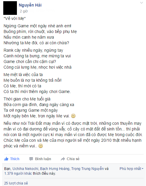 
Bài thơ Về với Mẹ đầy cảm động của game thủ Nguyễn Hải đang nhận được sự hưởng ứng mạnh mẽ từ cộng đồng game thủ Việt.
