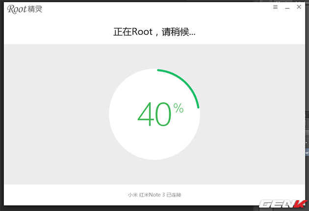  Quá trình Root bắt đầu, khi đến khoảng 65% máy điện thoại sẽ tự khởi động lại, và khi máy khởi động được phần mềm sẽ báo Root thành công. 