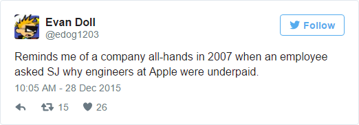  Làm tôi nhớ đến lúc còn làm ở công ty vào năm 2007, một nhân viên đã hỏi SJ (Steve Jobs) tại sao kỹ sư của Apple bị trả lương quá thấp như vậy. 