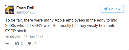  Nói một cách công bằng, có rất nhiều nhân viên Apple làm việc rất tốt ở đây từ buổi đầu đến giữa những năm 2000. Nhưng phần lớn họ muốn ở lại vì số lương trả bằng cổ phiếu Apple. 