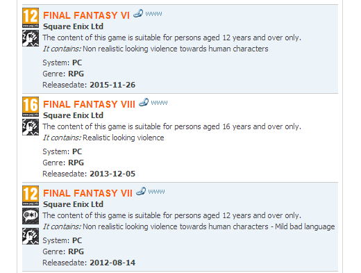 
Tìm kiếm với từ khóa Final Fantasy VI trên trang PEGI cho kết quả đầu tiên là phiên bản PC của game.
