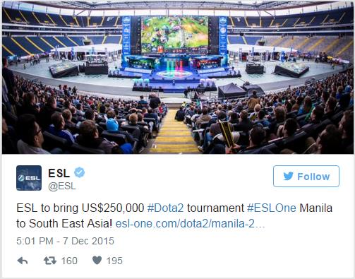 
@ESL: “ESL One Manila sẽ mang đến Đông Nam Á một giải DOTA 2 tầm cỡ thế giới với tổng giải thưởng lên đến 250.000$”.
