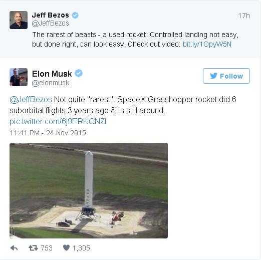  @JeffBezos, thật ra không phải là chưa từng có. Tên lửa Grasshopper của SpaceX đã thực hiện 6 lần hạ cánh thành công trong 3 năm trước và nó vẫn còn nguyên vẹn. 