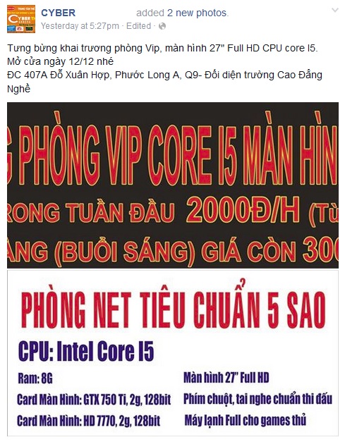 
Bảng giá khuyến mại kèm theo cấu hình máy gây shock của một cyber game tại TP Hồ Chí Minh.
