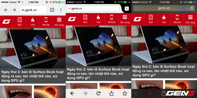 So sánh 3 trình duyệt (từ trái sang): Chrome, Firefox và Safari