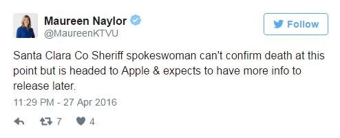  Phát ngôn viên của Văn phòng cảnh sát trưởng Quận Santa Clara chưa thể xác nhận cái chết vào thời điểm này. Hy vọng sẽ sớm có thêm thông tin được công bố từ phía Apple. 