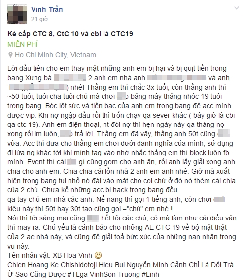 
Một game thủ Võ Lâm Truyền Kỳ đứng lên tố cáo về 2 thành viên lừa đảo trong bang, có người đã hơn 50 tuổi
