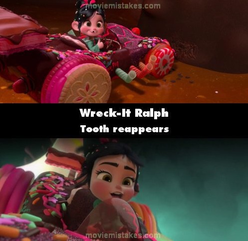 
Wreck-It Ralph (2012) - Bạn có nhận ra được răng cửa của cô nàng Vanellope khác nhau trong 2 cảnh này không? Chỉ trong vài giây cô nàng đã... mọc lại được răng cửa.
