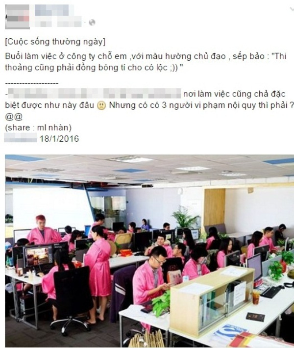 
Dân công sở mặc áo choàng hồng như đi spa trên văn phòng làm việc gây sự chú ý của cộng đồng mạng.
