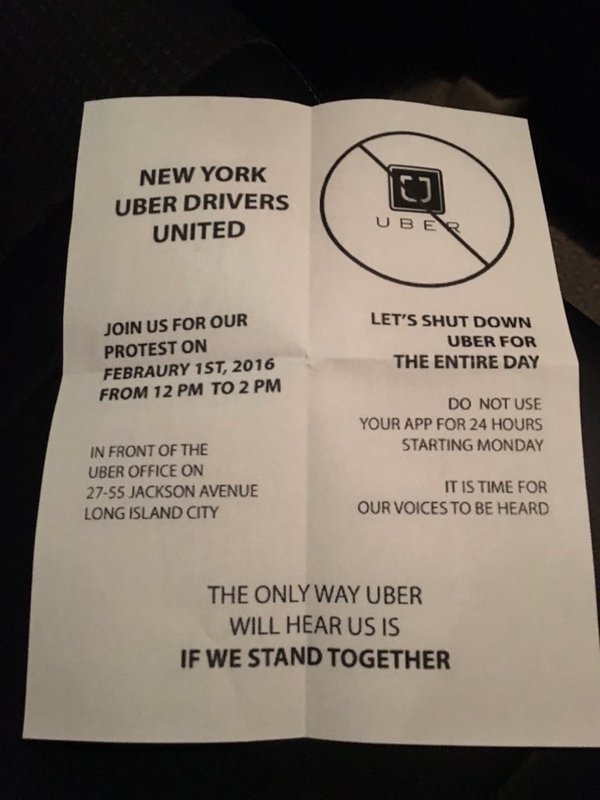  Một tờ rơi kêu gọi tham dự cuộc biểu tình phản đối Uber tại thành phố Long Island. 