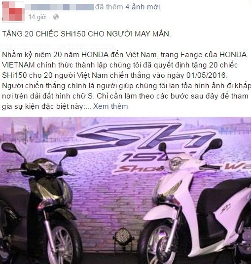  Thông tin lừa đảo trên fanpage mạo danh hãng xe Honda Việt Nam. 