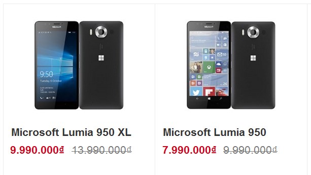 Giá bán của Lumia 950 và 950 XL do một số nhà bán lẻ vừa công bố. Ảnh chụp màn hình.