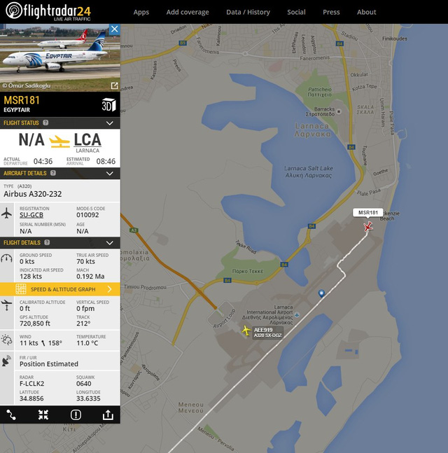  Hình ảnh trên bản đồ từ trang Flight Radar 24 cho thấy chuyến bay MS181 của EgyptAir đã hạ cánh tại sân bay Larnaca. (Ảnh: Twitter) 