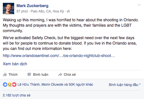  Mark Zuckerberg kêu gọi hiến máu cho các nạn nhân vụ thảm sát Orlando. Ảnh: Facebook 