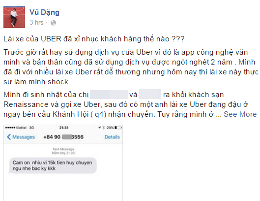  Dòng chia sẻ và đoạn tin nhắn mà anh Vũ cho rằng tài xế Uber đã nhắn cho anh. Nội dung là: Cảm ơn nhiều vì 15k tiền hủy chuyến ngu nhé. Bắc Kỳ. 