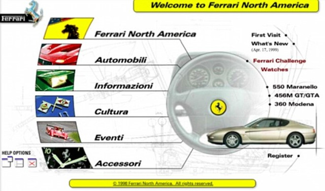 Website đầu tiên của hãng sản xuất xe thể thao xa xỉ Ferrari của Ý có các thanh menu xoay quanh vô lăng cùng hình ảnh xe hơi.