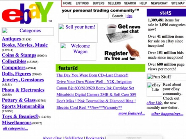 Trang bán đấu giá trực tuyến Ebay có giao diện đầu tiên khá rối rắm. Trang web bắt đầu hoạt động vào ngày 16/1/1999.