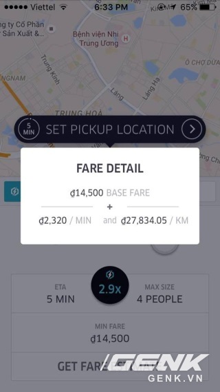  Surge Pricing đề xuất của Uber tại khu vực Trung Hòa, Hà Nội là 2.9x. Người dùng sẽ mất tới 14.500 đồng mở cửa trong khi xe chưa chạy được km nào. 