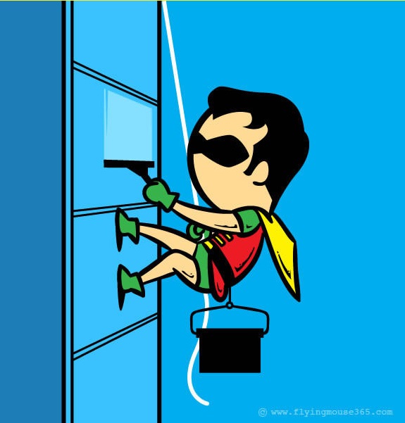 
Robin có thể tận dụng khả năng leo trèo khi còn chiến đấu với Batman để đi... lau cửa kính.

