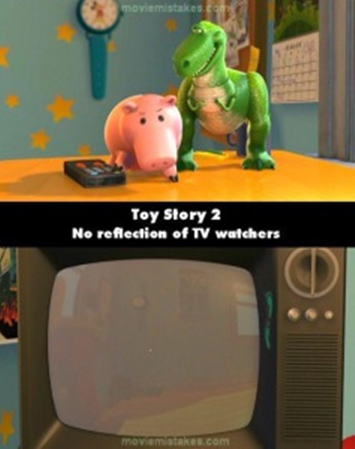 
Toy Story 2 (1999) - Hai nhân vật đứng trước tivi đâu rồi? Sao họ lại biến mất trong kính như thế này?
