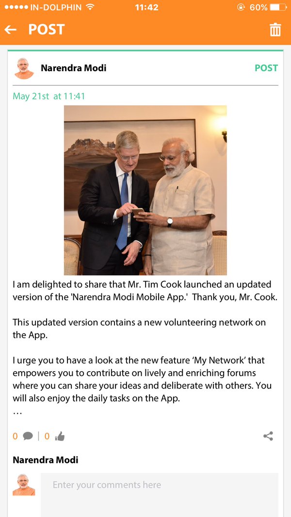 Thứ 7 tuần trước, Tim Cook gặp Thủ tướng Ấn Độ Narenda Modi để thảo luận về Apple Store, việc sản xuất tại Ấn Độ và đầu tư vào nước này.