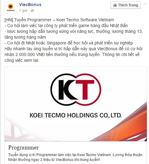 
Thông báo tuyển dụng lập trình viên phát triển game của Koei Tecmo Vietnam
