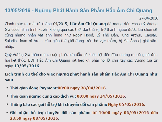 
Thông báo ngừng phát hành Hắc Ám Chi Quang tại Việt Nam
