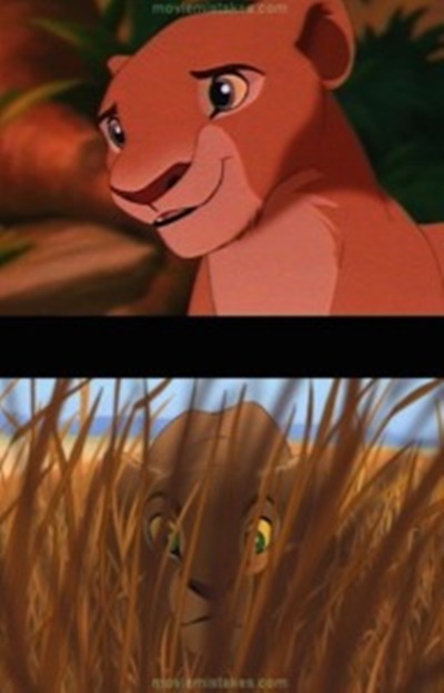 
The Lion King (1994) - Trong các cảnh phim khác nhau, Nala lại có màu mắt khác nhau... từ mắt đen chuyển sang mắt xanh lá cây...
