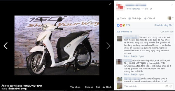  Hình ảnh các chiếc xe máy đắt tiền được fanpage này quảng cáo là chỉ cần bấm nút like, người dùng đã có ngay cơ hội trúng thưởng. 