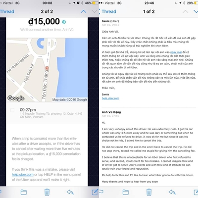  Email hủy chuyến và email phản hồi vê thái độ của tài xế với hãng Uber từ Dino Vũ. 