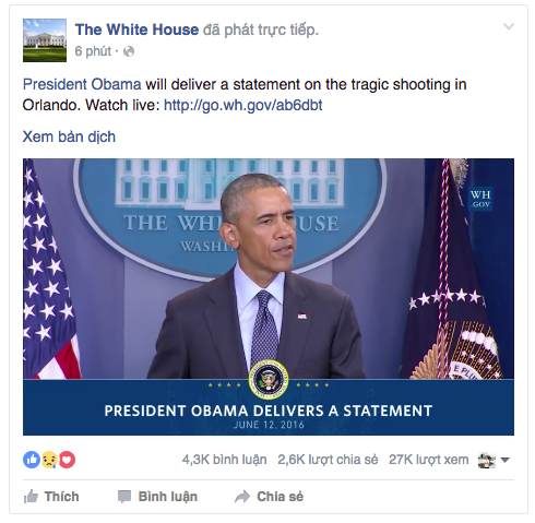  Tổng thống Obama lên tiếng về sự việc qua kênh trực tiếp từ Fanpage. Ảnh: Fa 