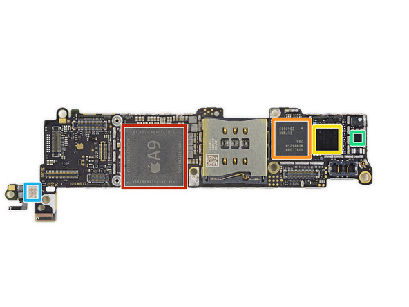  Vi xử lý A9 và RAM 2GB của SK Hynix (màu đỏ), màu cam là chip sóng LTE của Qualcomm (giống với iPhone 6/6 Plus), màu vàng là chip truyền nhận sóng 2G/3G/4G cũng của Qualcomm. Hai ô màu xanh lá và xanh dương còn lại là bộ phận khuếch đại sóng của Qualcomm và Skyworks. 