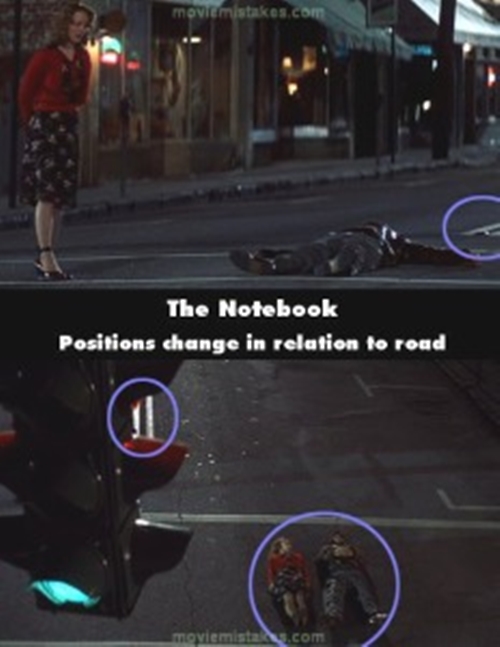 
Trong phim The Notebook, ở cảnh trước thì anh chàng nằm thẳng với vạch phân làn đường nhưng ở cảnh sau, cả hai lại nằm lệch sang hẳn một bên.
