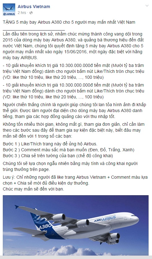  Thông tin tặng máy bay trên fanpage Airbus Vietnam. 