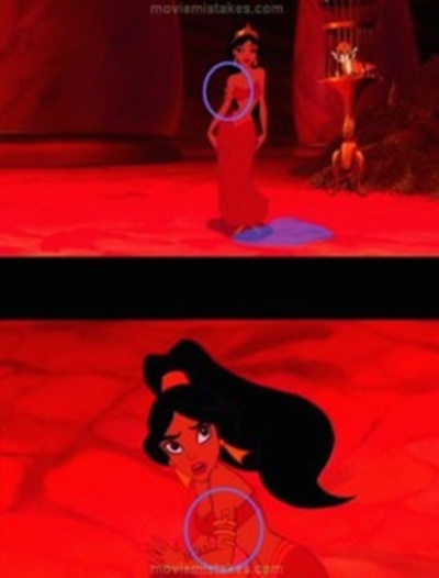 
Aladdin (1992) - Vòng tay của cô nàng Jasmine được thay đổi từ tay phải sang tay trái chỉ trong một cảnh quay.
