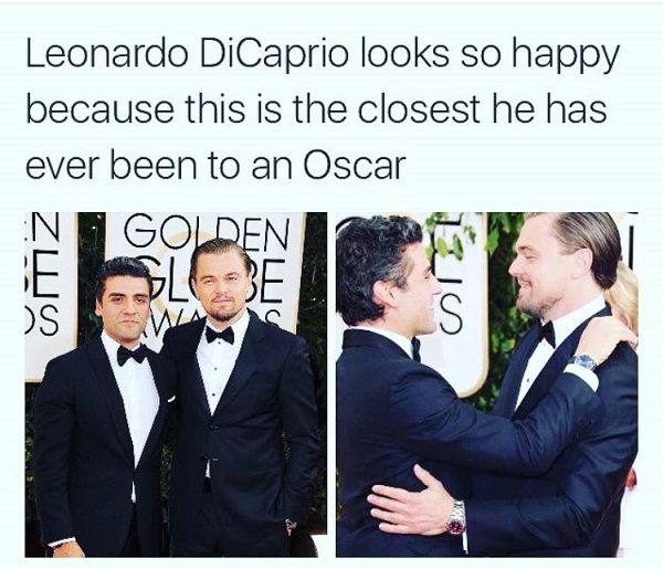 
Mặc dù đã giành giải Quả cầu vàng, nhưng Leonardo vẫn... chưa có Oscar. Điều này tiếp tục trở thành đề tài cho các thánh chế ảnh. Anh có vẻ rất vui khi được đứng gần một Oscar khác, nam tài tử Oscar Isaac của Star Wars: The Force Awakens
