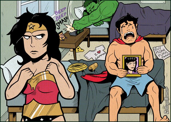 
Tội nghiệp Superman, dù có người mới là Wonder Woman vẫn không quên được Lois Lane... Bạn có để ý đến anh chàng Hulk ngủ ở góc phòng không? Kiều này chắc anh ta phải thay đồng hồ liên tục thôi.

