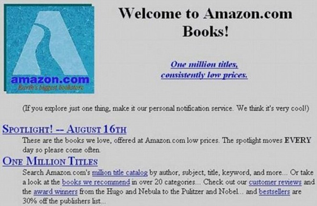 Amazon thủa sơ khai màu xám xịt cùng tiêu đề đơn giả cùng logo xanh da trời. Trang web ra mắt ngày 16/8/1995.