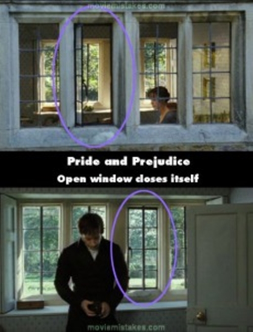 
Pride and Prejudice (2005) chúng ta có thể thấy rằng trong cảnh Lizzy ngồi ở nhà Charlotte, cửa sổ được mở ra vậy nhưng trong cảnh sau, nó đã bị đóng lại.
