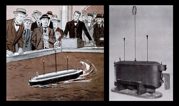  Ảnh minh họa buổi trình diễn công nghệ của Tesla (trái) và thiết bị thuyền điều khiển từ xa (phải). 