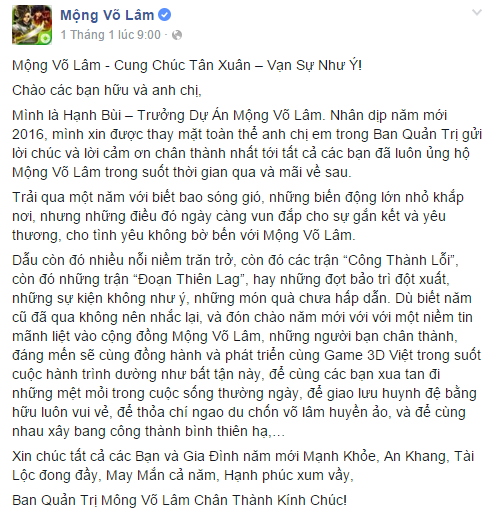 
Game Việt Mộng Võ Lâm với bức tâm thư mang lời văn độc đáo, chúc mừng năm mới toàn thể cộng đồng yêu thích trò chơi.
