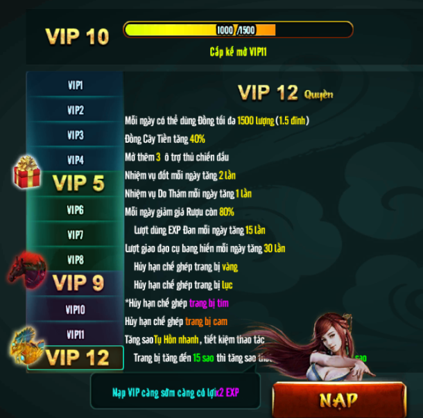
Khi đã trở thành VIP, game thủ sẽ nhận được thêm nhiều quyền lợi, ưu đãi riêng đến từ hệ thống game.
