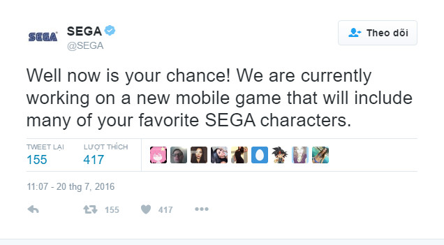 
Dòng trạng thái được SEGA đăng tải vài ngày trước trên Twitter khiến cộng đồng mạng cũng như fan hâm mộ vô cùng phấn khích.
