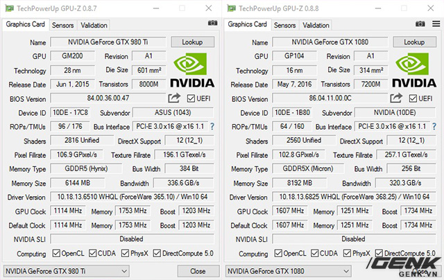  Asus GTX 980 Ti Poseidon (trái) và Nvidia GTX 1080 (phải) 