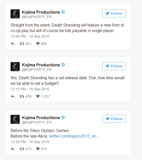 
Những thông báo mới về Death Stranding trên tài khoản Twitter chính thức của Kojima Productions.
