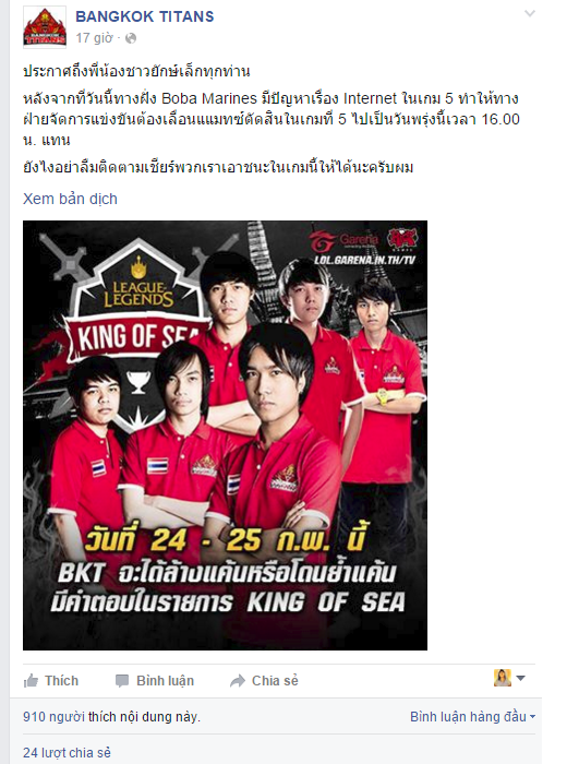 
Dòng thông báo trên fanpage của Bangkok Titans.
