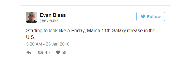  Tiết lộ về ngày lên kệ Galaxy S7 của @evleaks. 