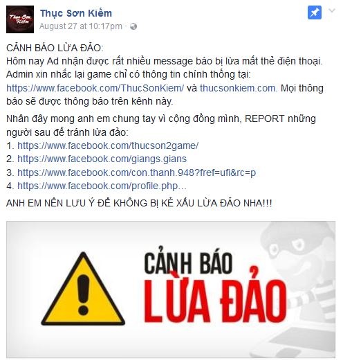 
Trang fanpage chính thức của Thục Sơn Kiếm cũng phải đưa ra thông báo lừa đảo.
