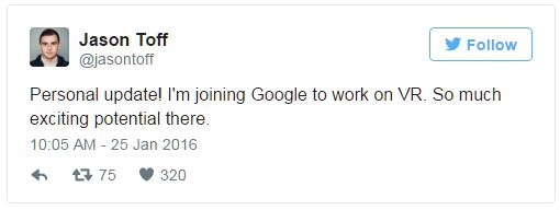  Đoạn tweet của Toff nói rằng ông sẽ chuyển sang làm việc cho Google. 